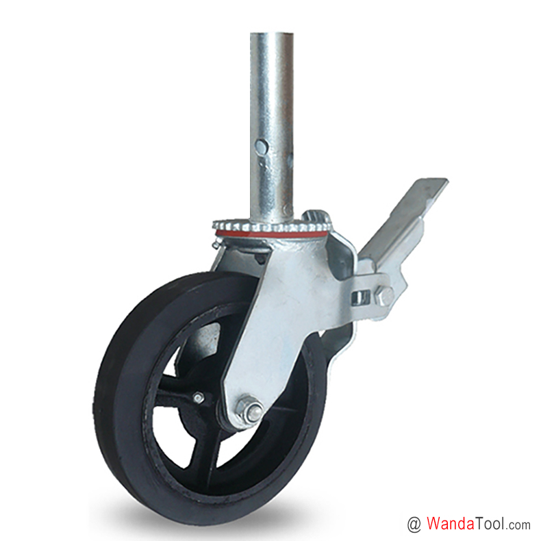 Pipe stem scaffold caster with moldon rubber wheel