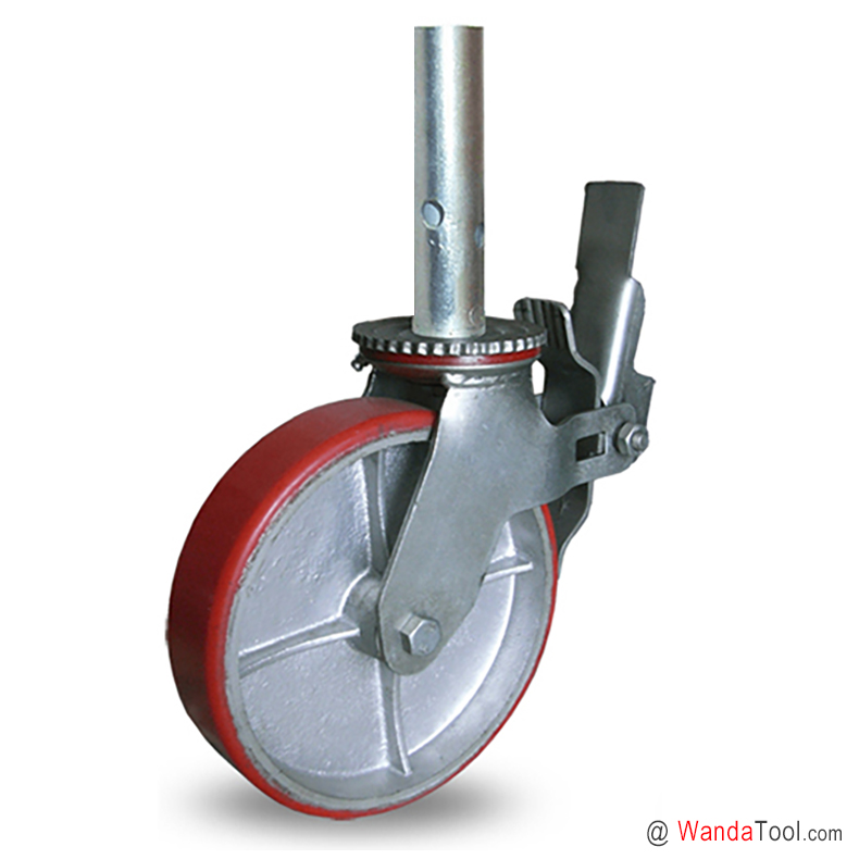 Pipe stem scaffold caster with moldon polyurethane wheel