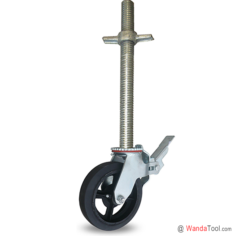 Adjustable jack scaffold caster with moldon rubber wheel